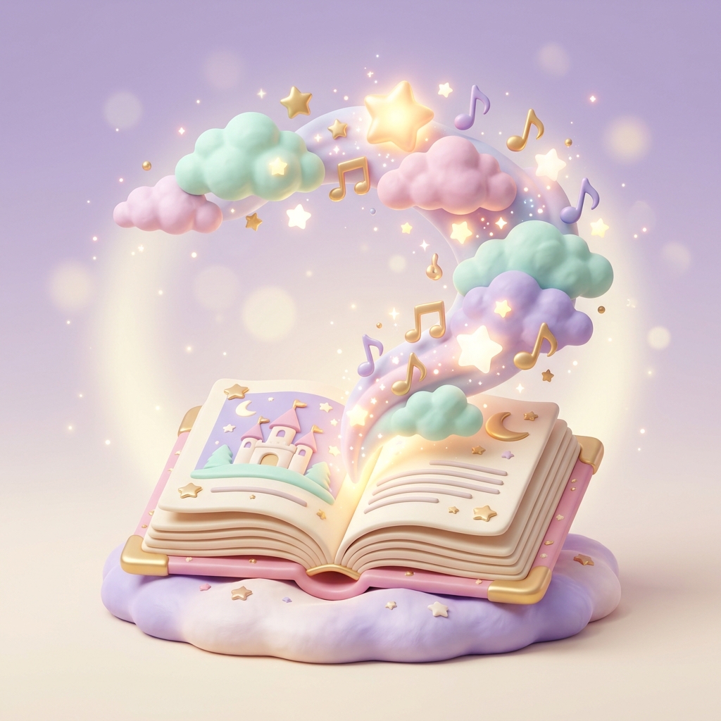 Livre magique illuminé d'étoiles et de nuages pastel